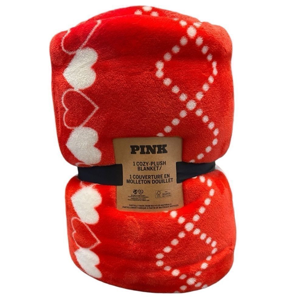PINK Victoria’s Secret Cozy Plush Blanket Red White Hearts Check 50x60 NWT